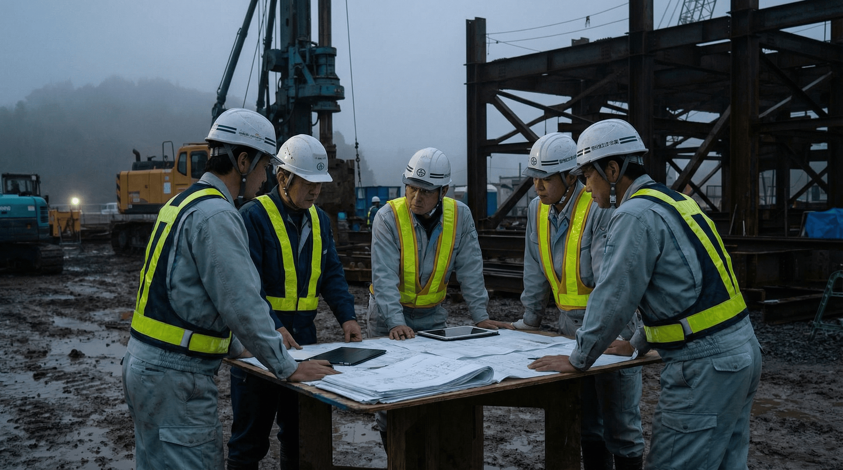 現場で職人同士が打ち合わせをしている風景